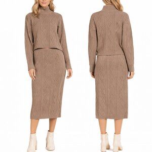OLIVE + OAK Tan Cable Knit Sweater and Skirt Set 2 Pieces Mock Neck Sz M